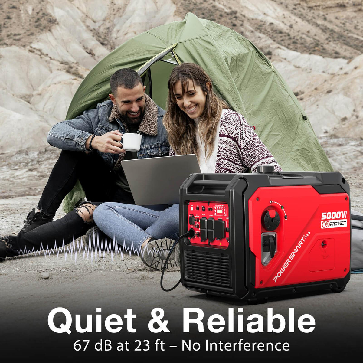 Inverter generator placed on stone surface emphasizing quiet operation feature