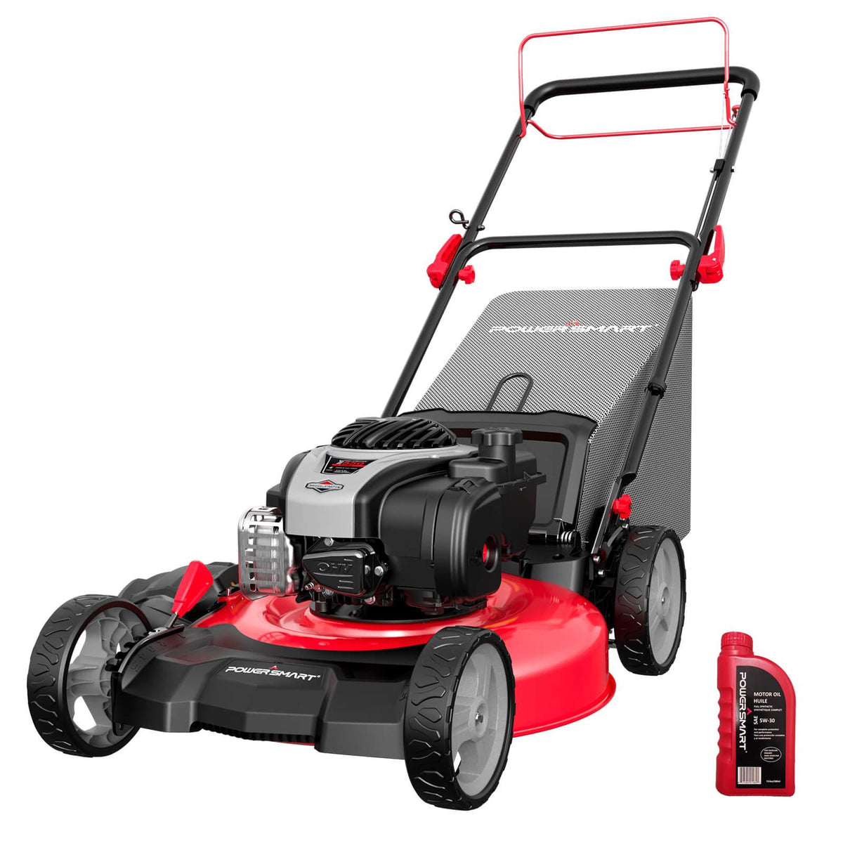 Side view of a 21-inch self-propelled gas lawn mower with Briggs & Stratton engine on grass.