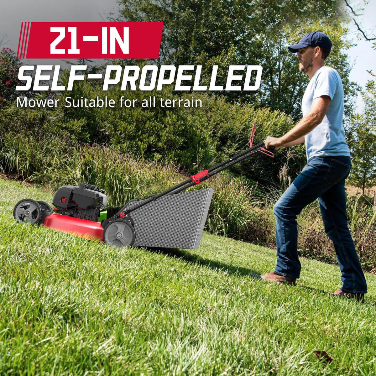 Front view of the gas-powered lawn mower showing the wide 21-inch steel cutting deck.