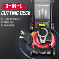 Top-down view showing adjustable cutting height lever on the mower's steel deck.