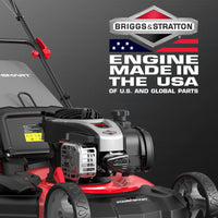Rear view of lawn mower highlighting rear-wheel self-propelled drive system.