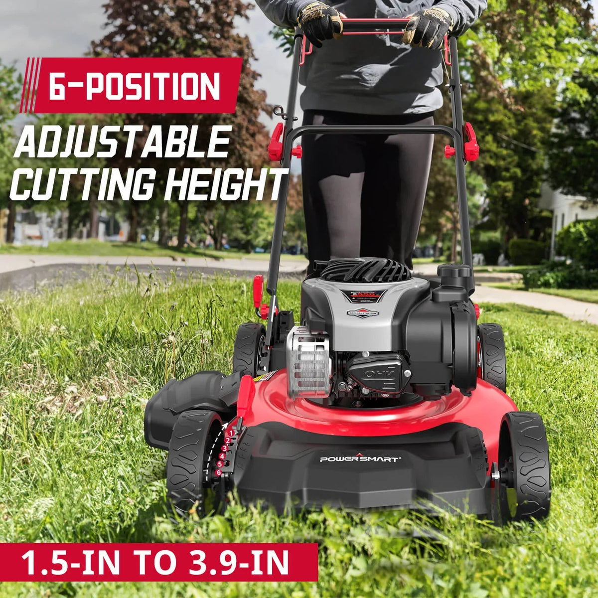 Close-up of the mower's side grass discharge chute for flexible grass handling.