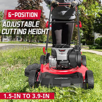 Close-up of the mower's side grass discharge chute for flexible grass handling.