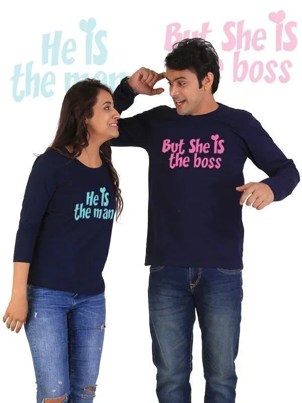 He is the Man, She is the Boss Couple Full Sleeves Navy Blue - Snagva