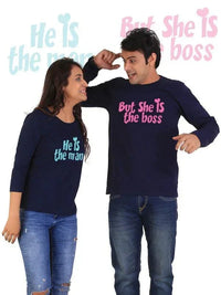 He is the Man, She is the Boss Couple Full Sleeves Navy Blue - Snagva