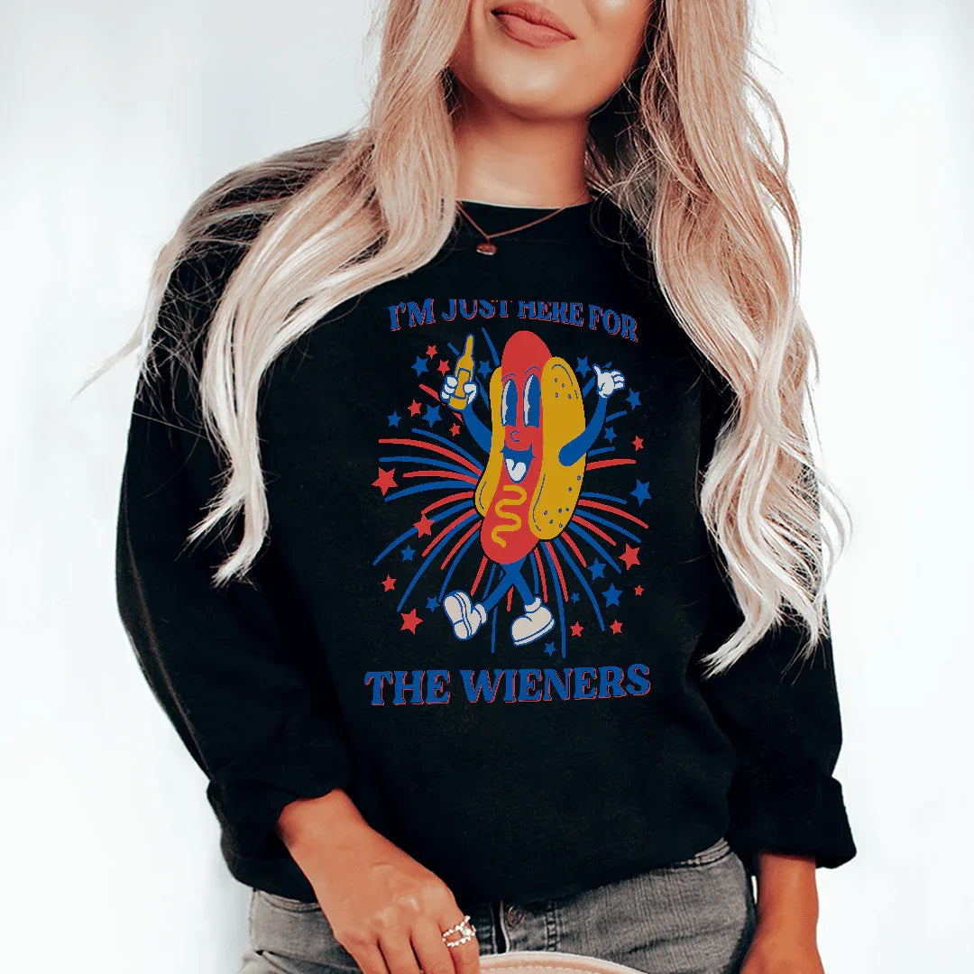 Black t-shirt with white text saying 'I’m Just Here For The Wieners' in bold font.