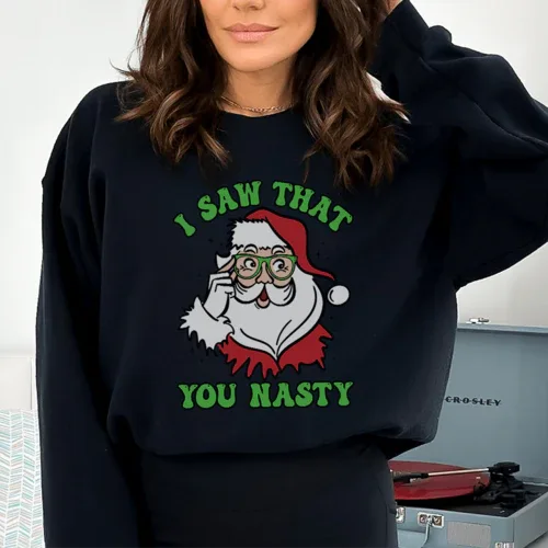 Front view of peach sweatshirt featuring large layered graphic text in white and black.