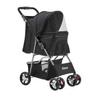 Black i.Pet 4 Wheel Pet Stroller on white background, showing front and side mesh panels.
