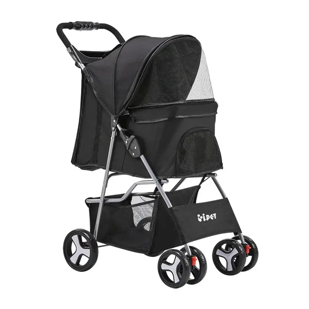 Black i.Pet 4 Wheel Pet Stroller on white background, showing front and side mesh panels.