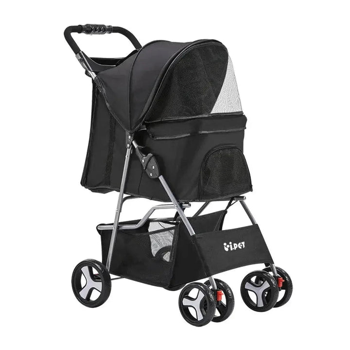 Black i.Pet 4 Wheel Pet Stroller on white background, showing front and side mesh panels.