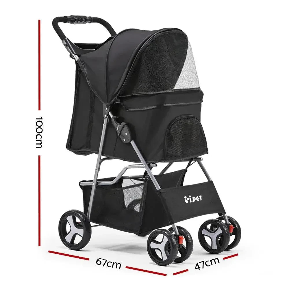i.Pet black pet stroller viewed from angled side, highlighting mesh windows and wheels.