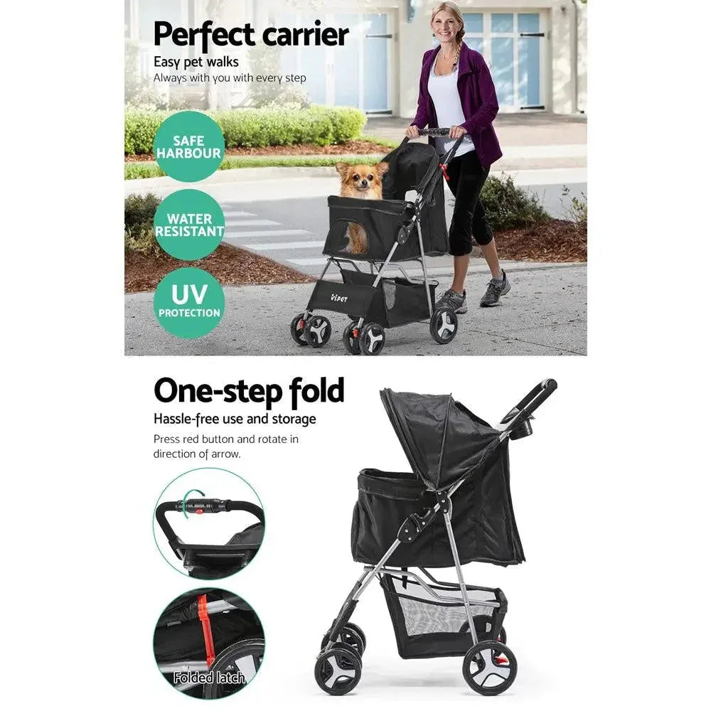 Back view of black i.Pet pet stroller, showing bottle holder and handle features.