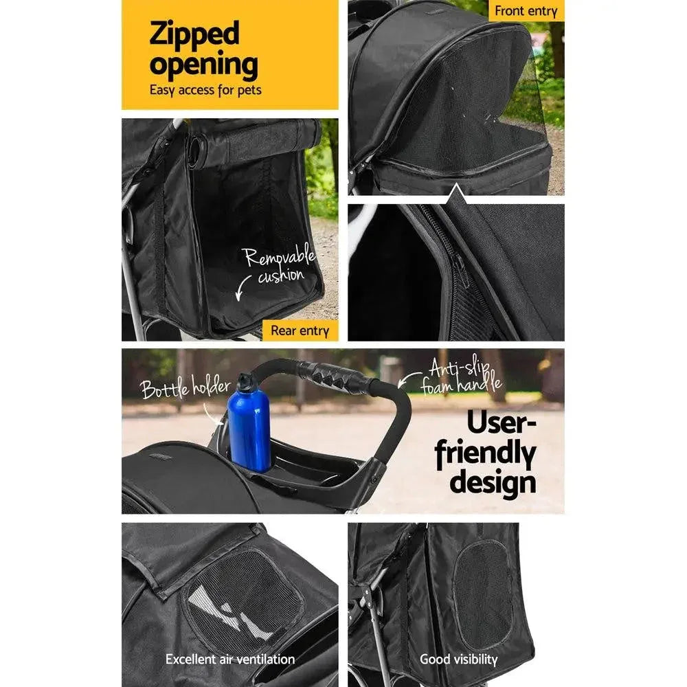Folded black i.Pet pet stroller compactly packed for easy storage.