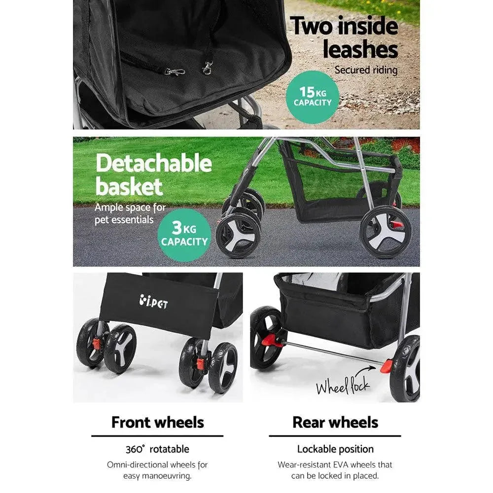 Side detail of i.Pet stroller black fabric and spacious storage basket underneath.