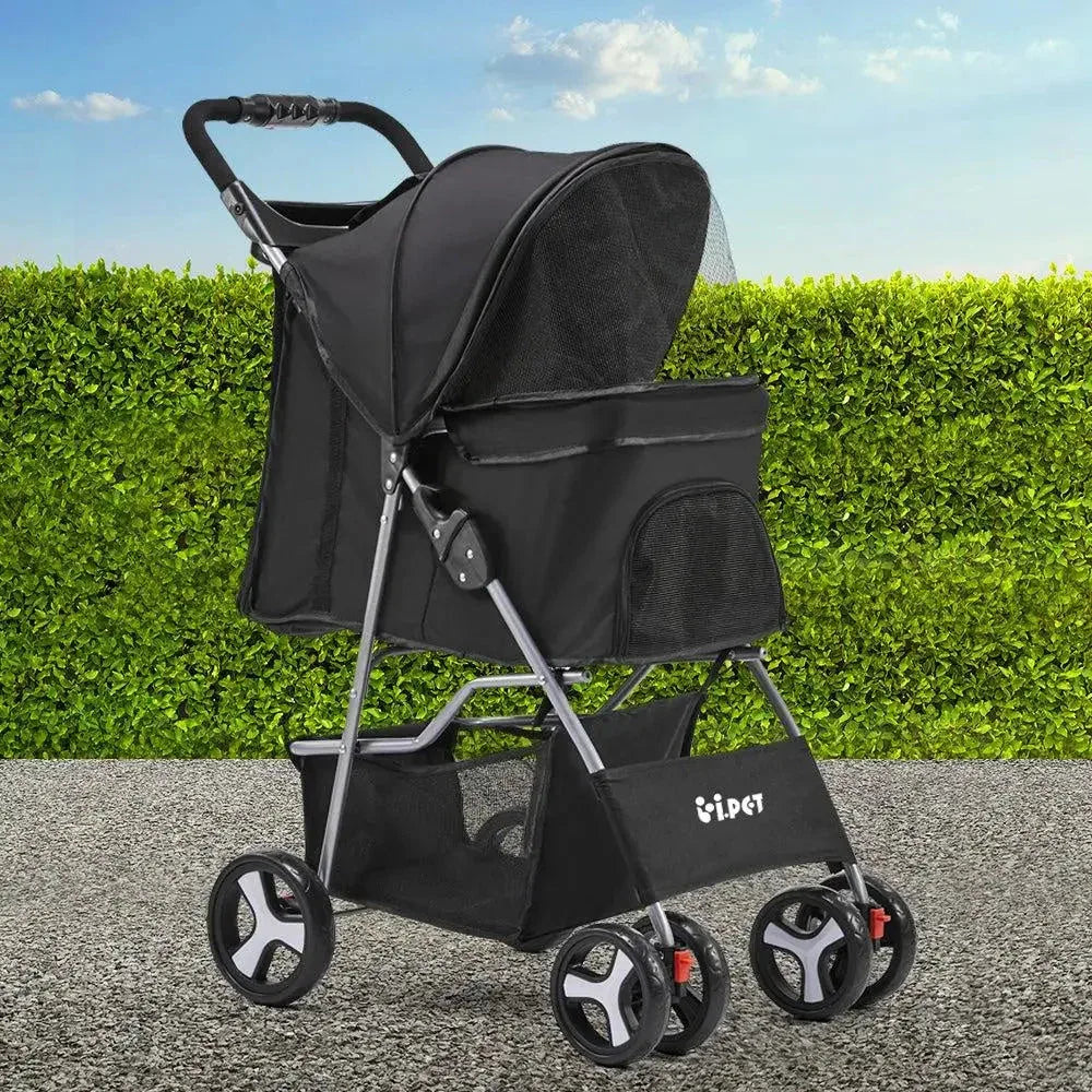 View of black i.Pet pet stroller with zippered mesh windows partially open.