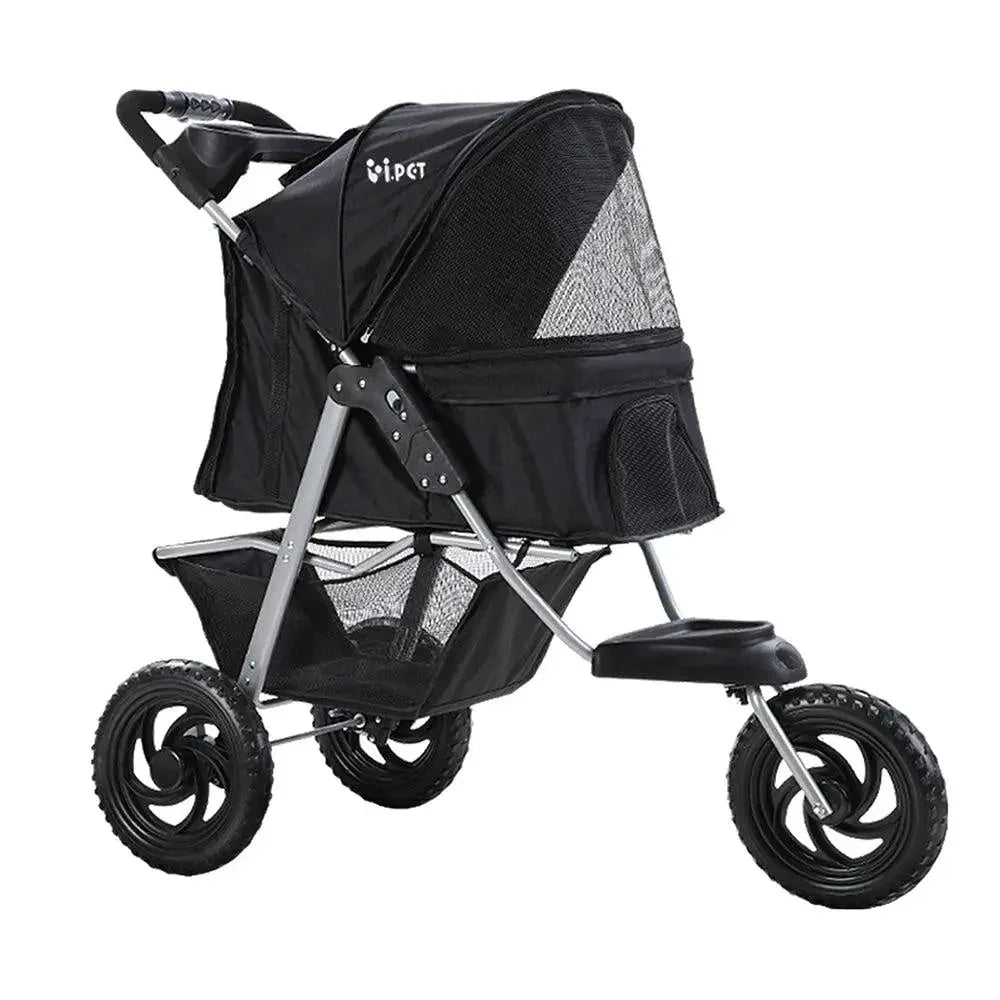 Black i.Pet foldable pet stroller with mesh cover and sturdy frame for small dogs