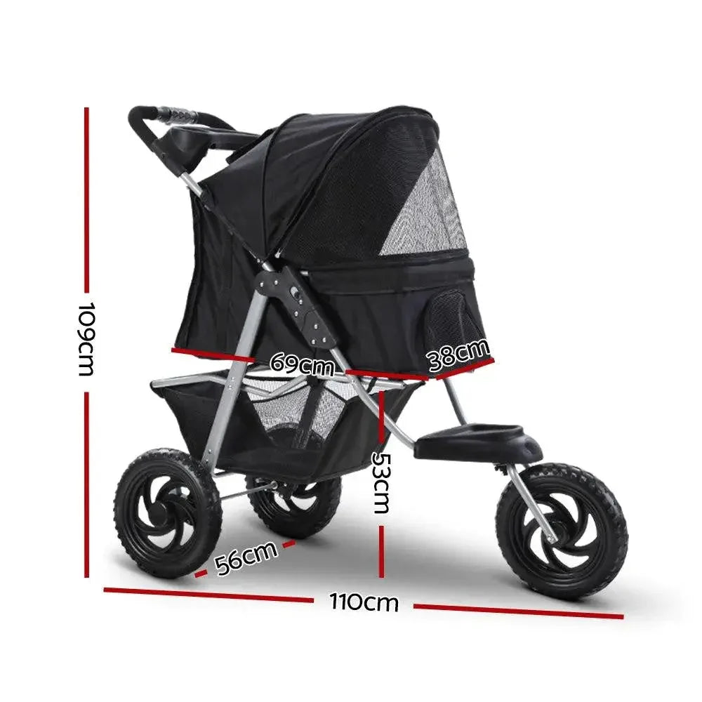 Side view of black i.Pet pet stroller showing elevated seating for pets