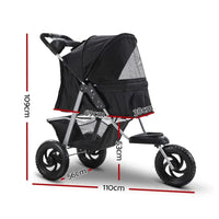 Side view of black i.Pet pet stroller showing elevated seating for pets