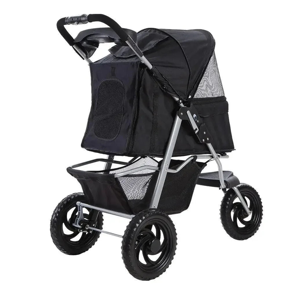 Front view of black pet stroller with zipped mesh cover partially open