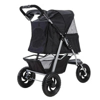 Front view of black pet stroller with zipped mesh cover partially open