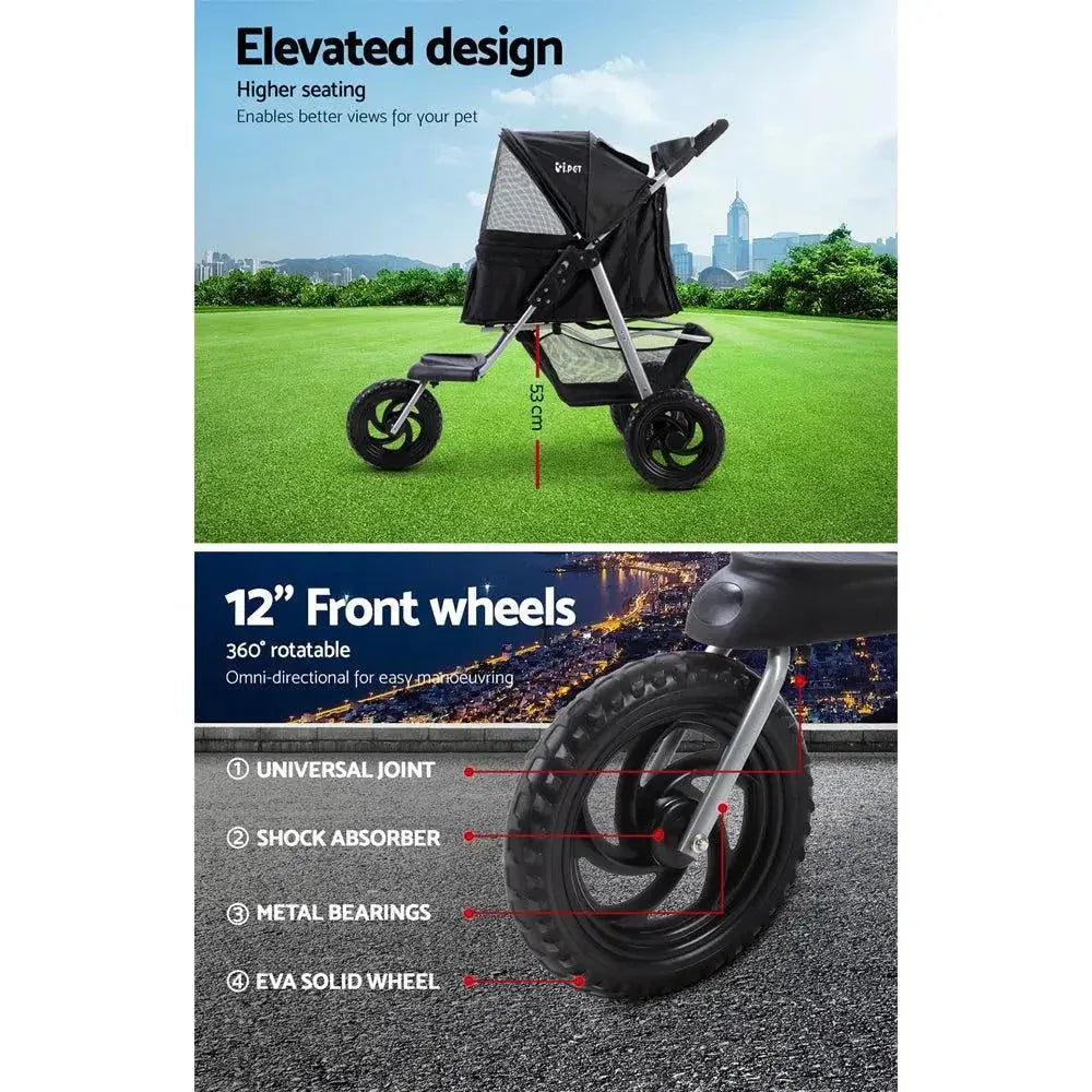 Close-up of black pet stroller wheels made of wear-resistant EVA material