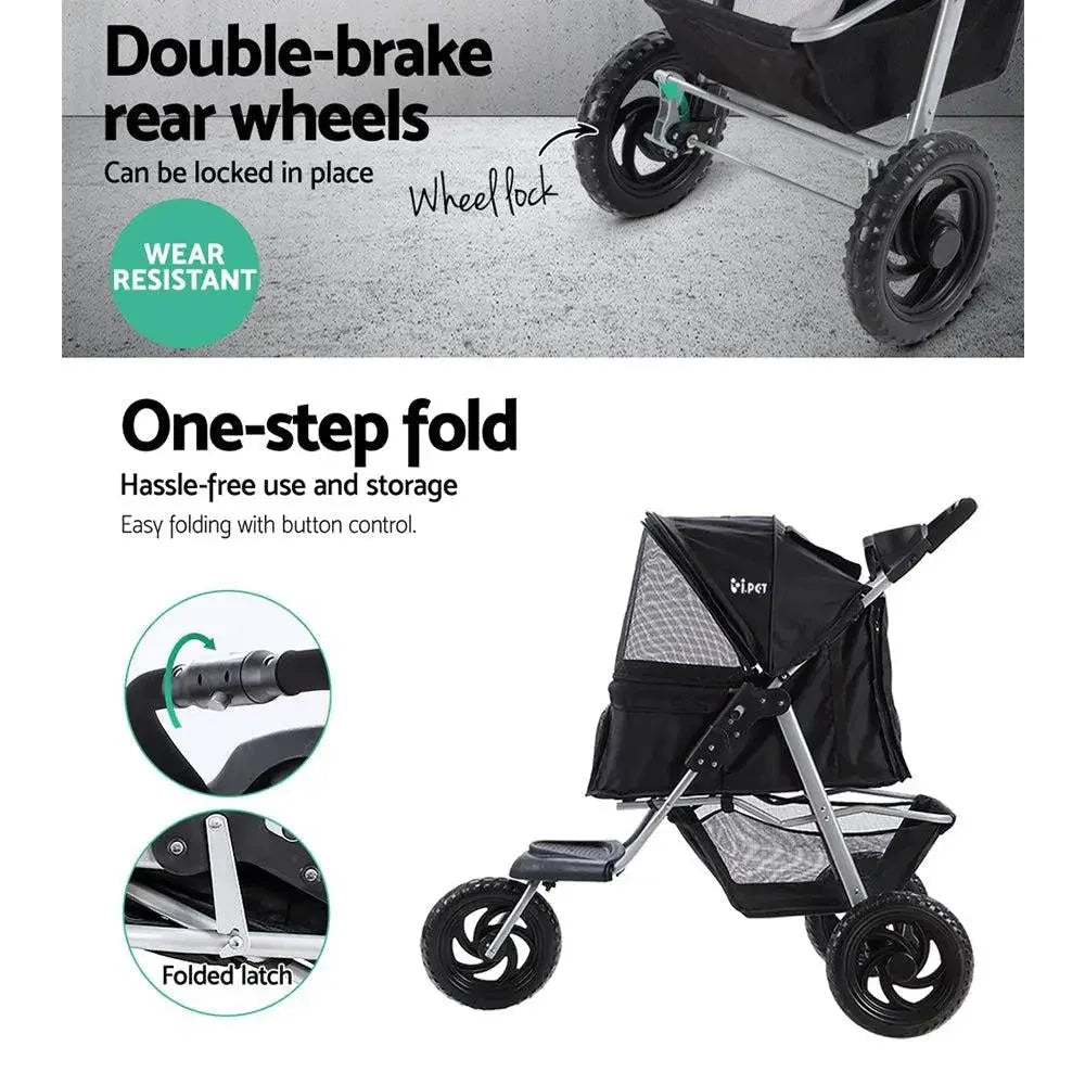 Black pet stroller folded flat for compact storage and easy transport