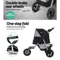Black pet stroller folded flat for compact storage and easy transport