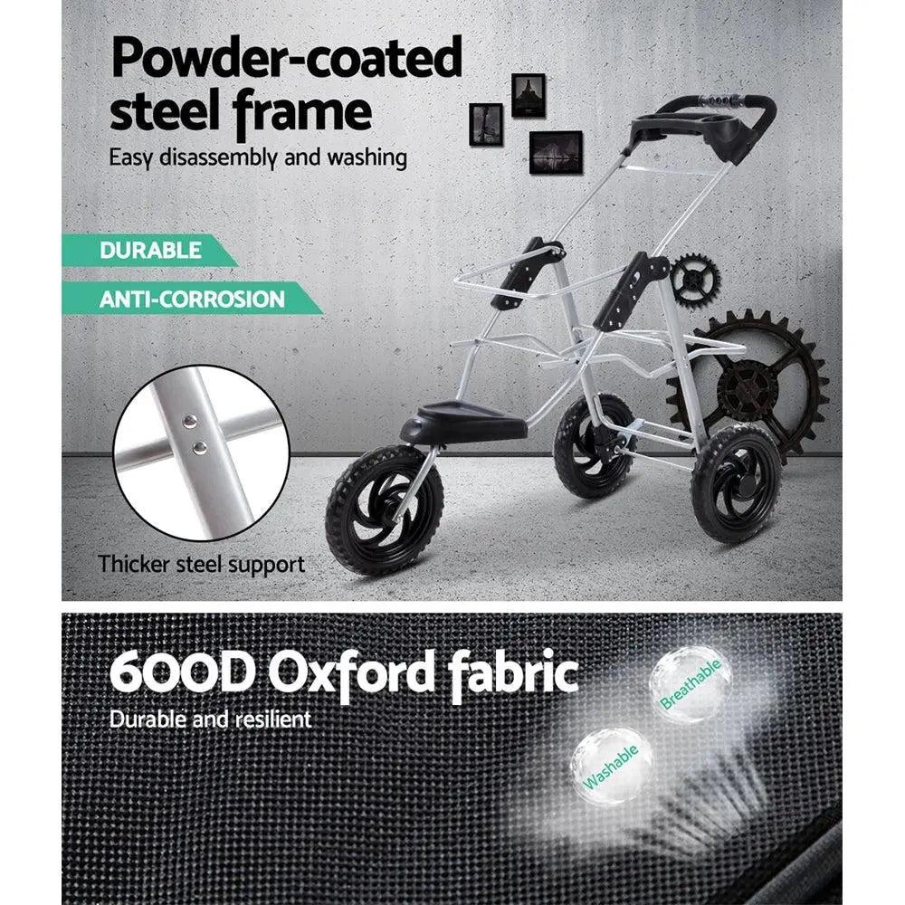 Interior of black pet stroller featuring breathable 600D Oxford fabric lining