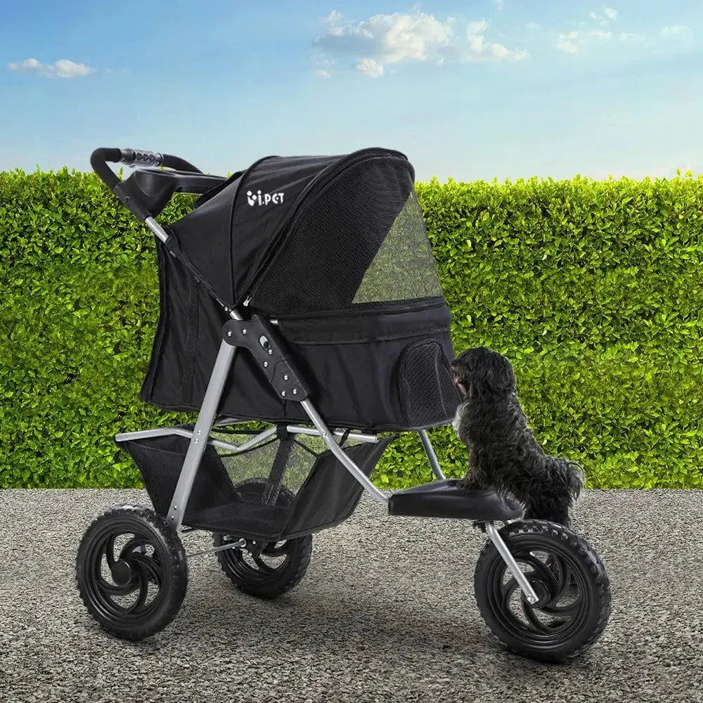 Black pet stroller showcasing sturdy powder-coated steel frame and handle