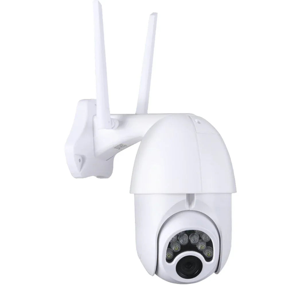 Wireless outdoor security camera mounted on wall with weatherproof design.