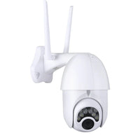 Wireless outdoor security camera mounted on wall with weatherproof design.