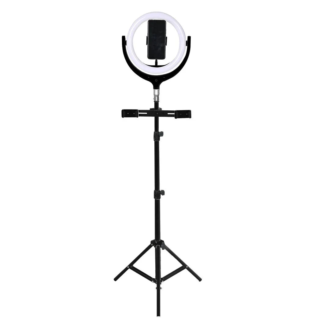 12-inch LED ring light mounted on adjustable tripod with smartphone holder against white background.