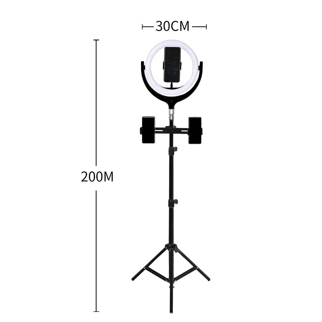 LED ring light tripod folded for easy storage and travel with compact design.