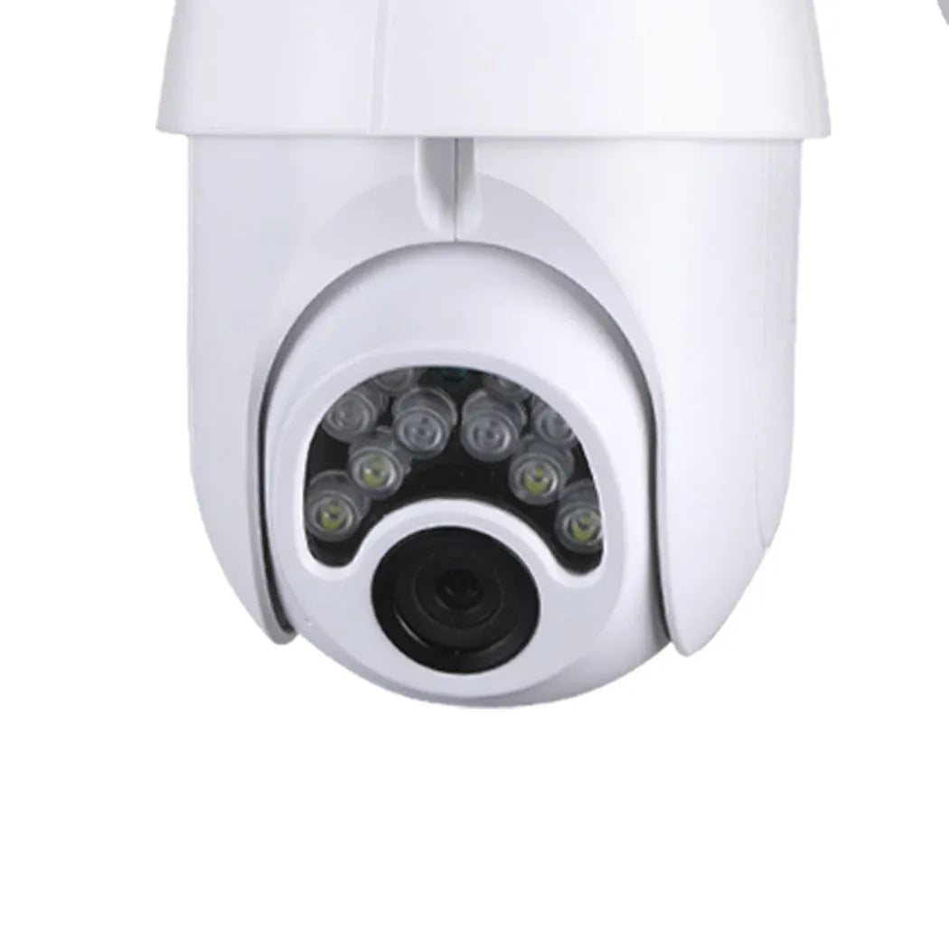 Wireless security camera setup showing camera and mobile phone monitoring live feed.