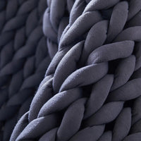 Close-up of chunky knit weighted blanket strands with complex knit pattern and plush feel.