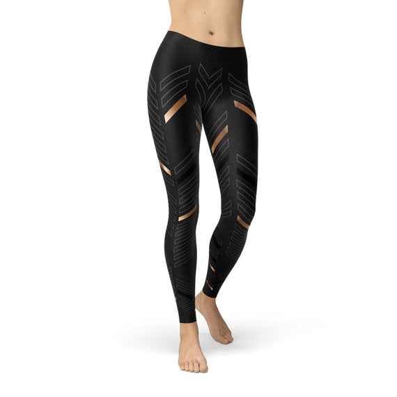 Womens Sports Stripes Black Leggings with four-way stretch, squat-proof fabric, shown on model