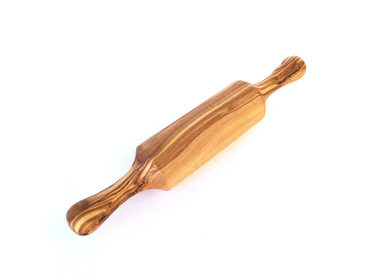 Mini wooden rolling pin with two handles, 22 cm, designed for kids baking activities.