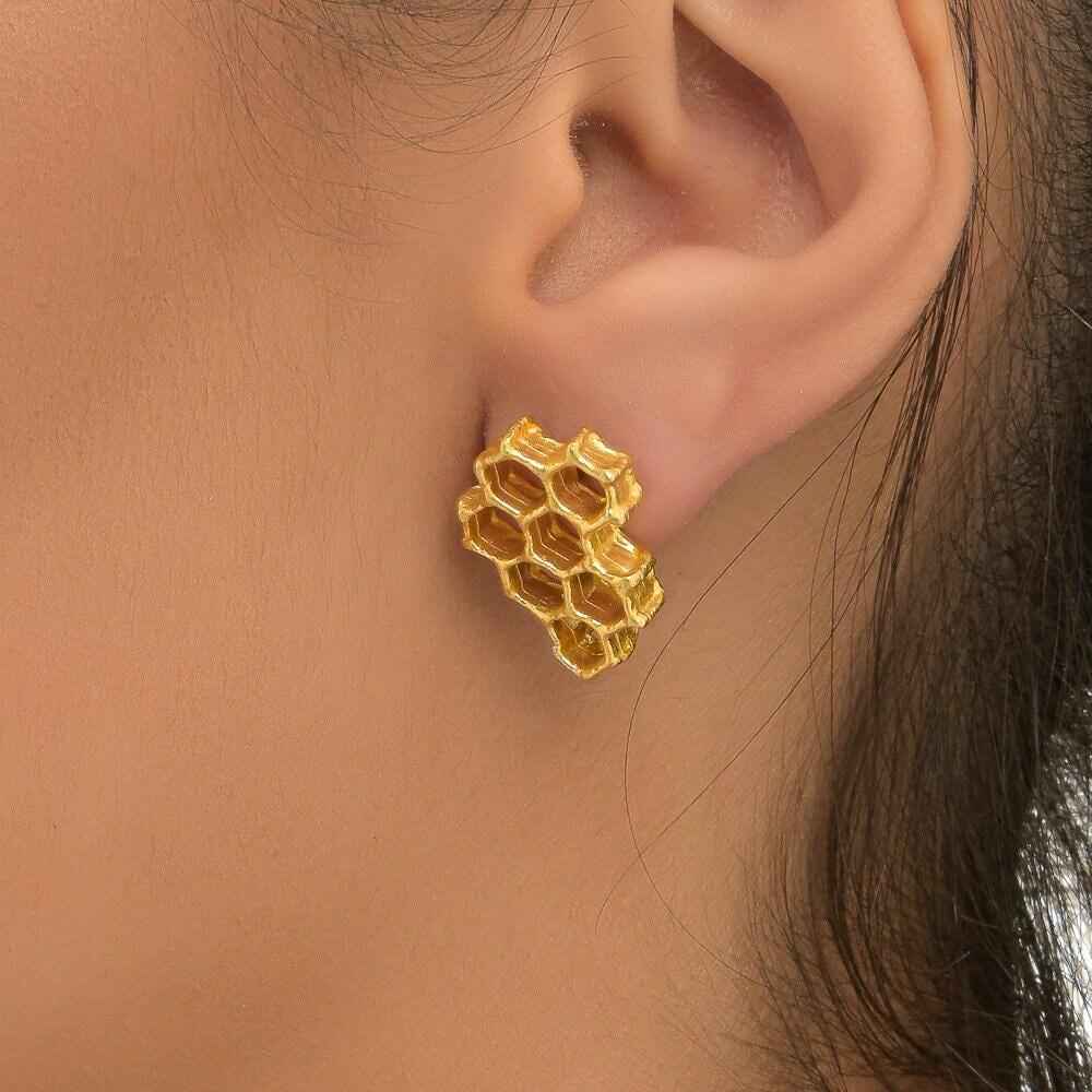 Gold Honeycomb Earrings – 18k Gold Plated Recycled Brass Jewelry With