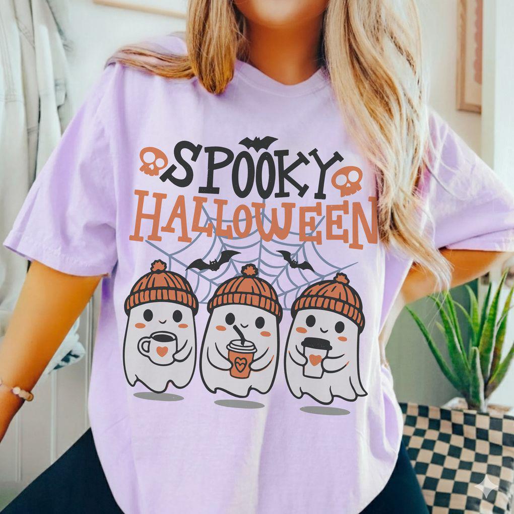 Retro Spooky Halloween Ghost Coffee — Comfort Colors Tee fan art by Snagva (3)