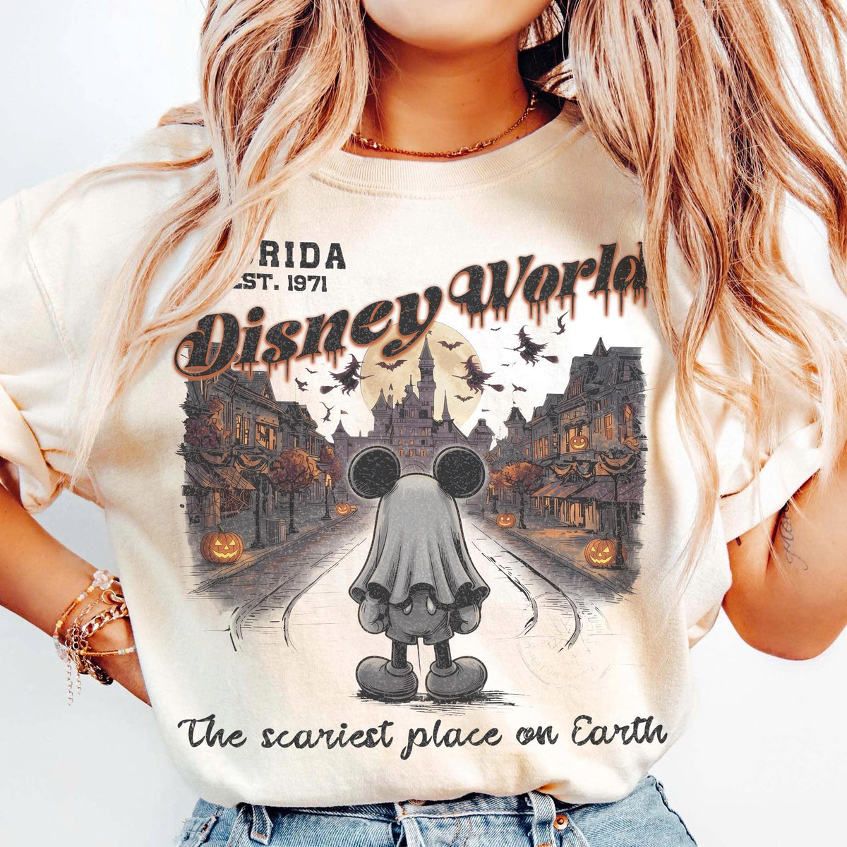 Retro Distressed Ghost Mickey Main Street Halloween Comfort  — Bella+Canvas Tee fan art by Snagva