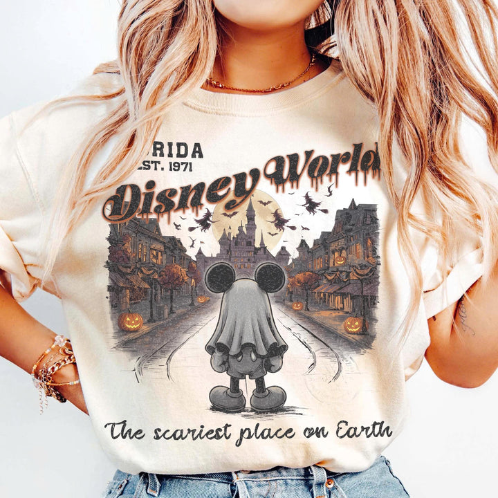 Retro Distressed Ghost Mickey Main Street Halloween Comfort  — Bella+Canvas Tee fan art by Snagva