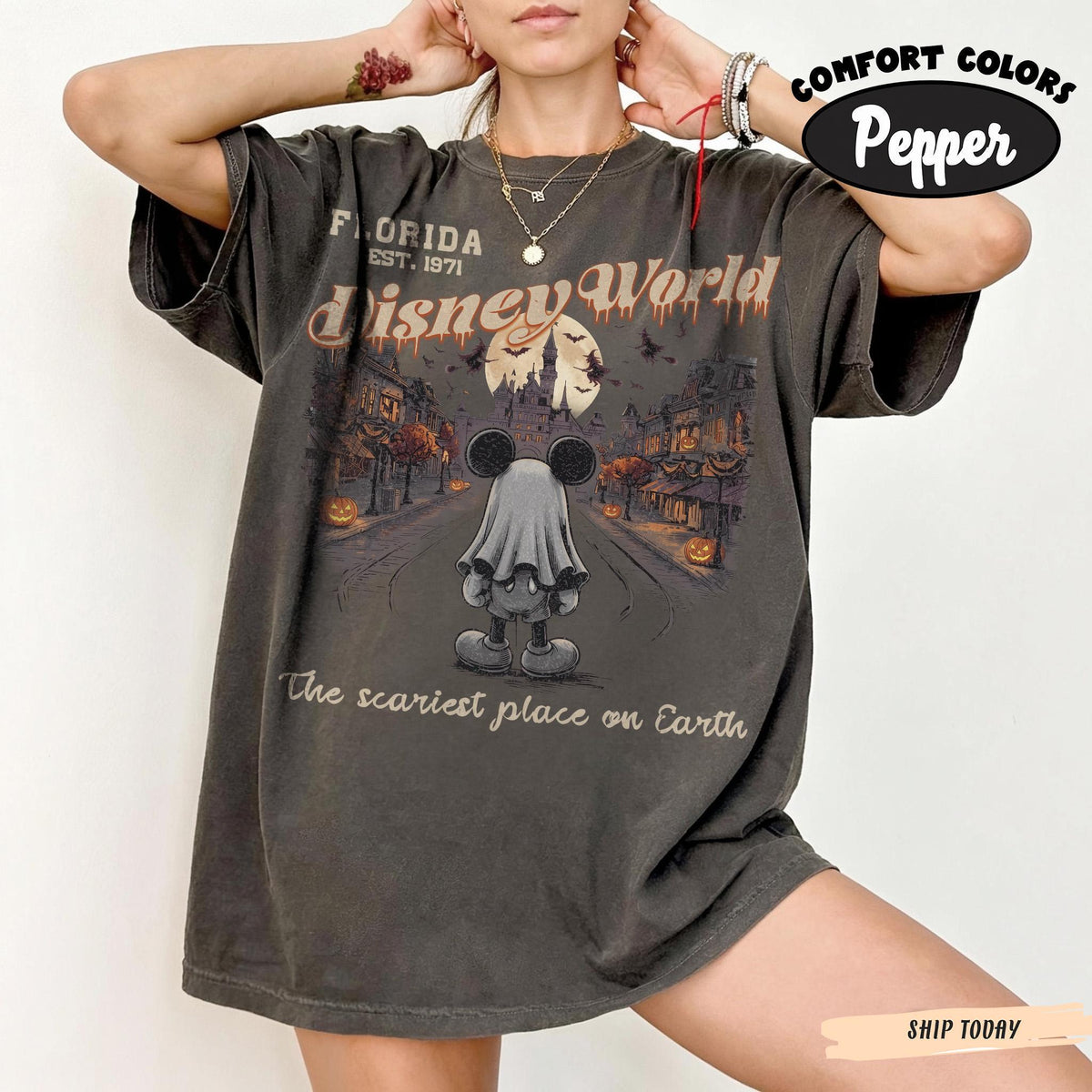 Retro Distressed Ghost Mickey Main Street Halloween Comfort  — Gildan Hoodie fan art by Snagva (2)