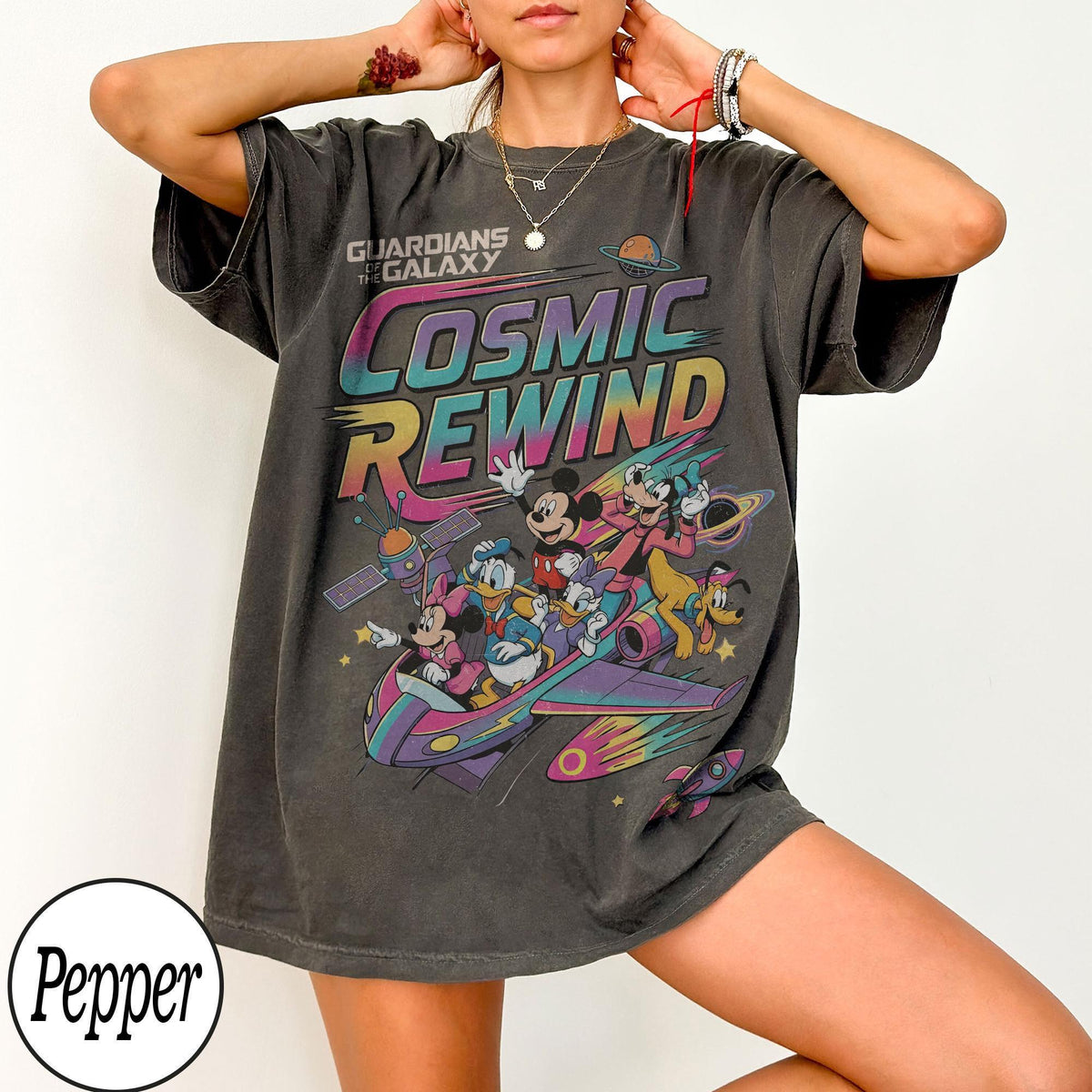 Retro 80s Guardians Cosmic Rewind Mickey Donald Goofy — Bella+Canvas Tee fan art by Snagva (4)