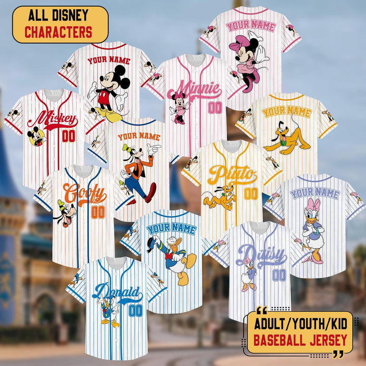 Personalize Disney Mickey & Friends Cute Striped White — Bella+Canvas Tee fan art by Snagva