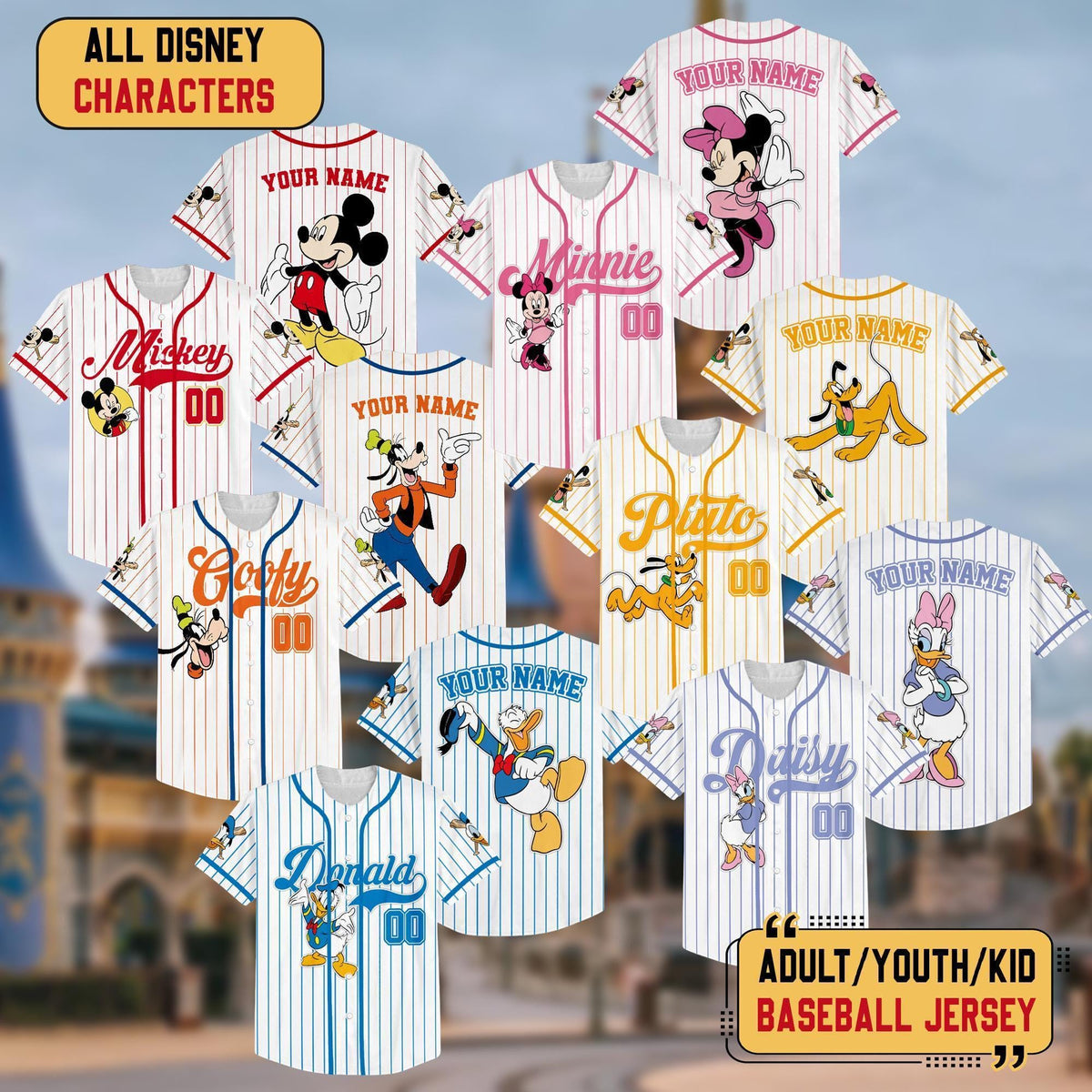 Personalize Disney Mickey & Friends Cute Striped White — Comfort Colors Tee fan art by Snagva