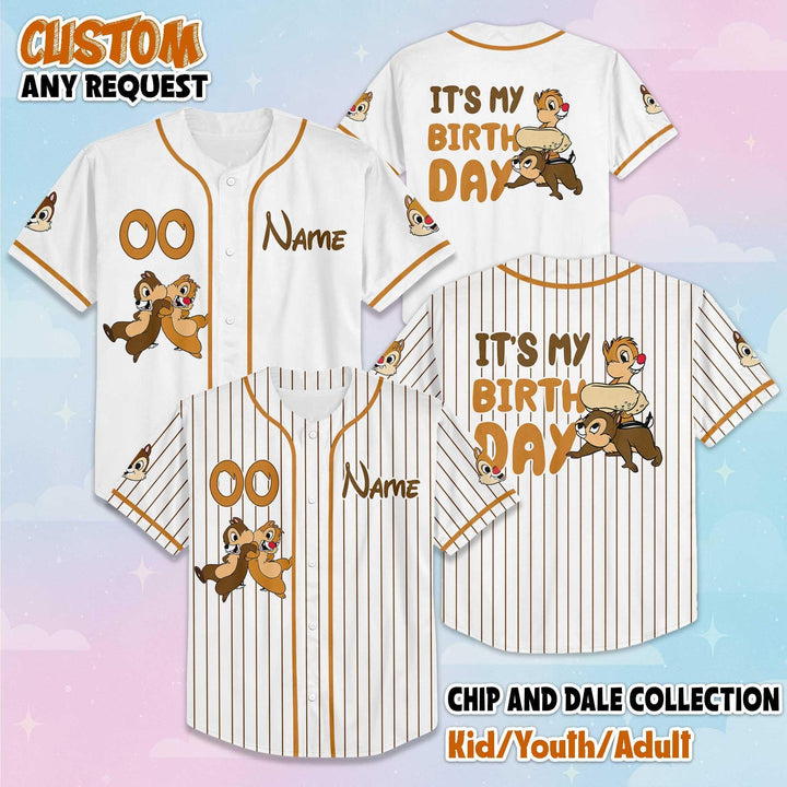 Artwork reference on a sample garment; selected model, color and print placement may differ · Personalized Chip and Dale Birthday Baseball — Comfort Colors Tee