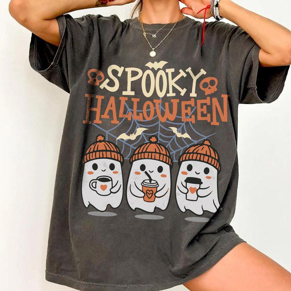 Retro Spooky Halloween Ghost Coffee — Comfort Colors Tee fan art by Snagva (4)