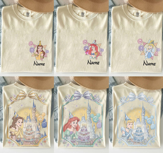 2 Side Personalized Name Age Disney Princess Birthday — Comfort Colors Tee