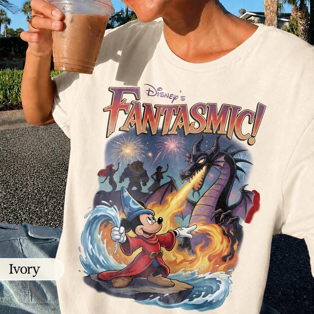 Retro Fantasmic Sorcerer Mickey Fighting Dragon Scene — Gildan Sweatshirt fan art by Snagva