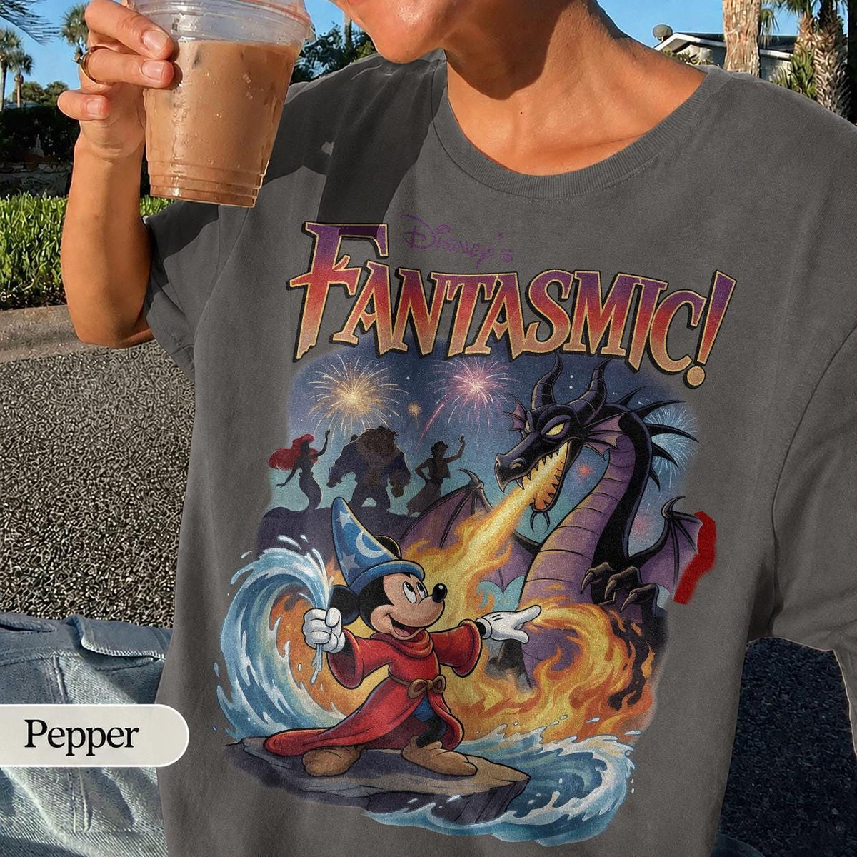 Retro Fantasmic Sorcerer Mickey Fighting Dragon Scene — Gildan Sweatshirt fan art by Snagva (2)